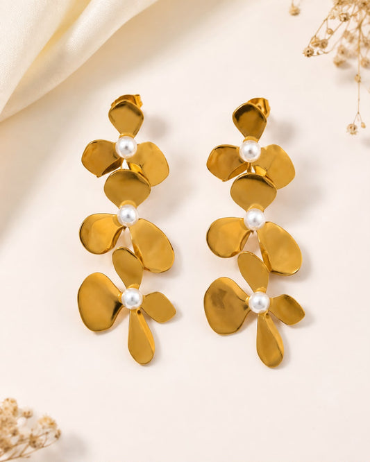 Gold Floral Pearl Drop Earrings - Elegant Statement Earrings for Women