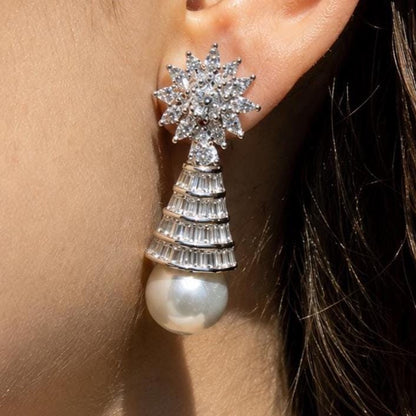Moissanite Diamond Pearl Drop Earrings Statement Dangle Pearl Cubic Zirconia CZ Bride Wedding Jewelry