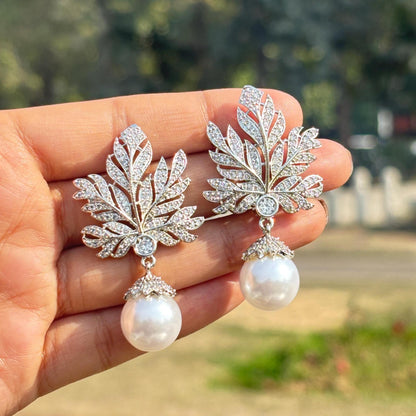 Large Diamond And Pearl Earrings Leaf Shape Statement Chandelier Pearl Drop CZ Moissanite Jewelry