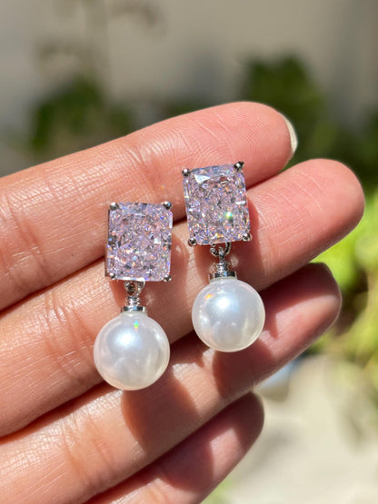 Pink Diamond Earrings Pearl Drop Statement Dangle Light Pink Sapphire Color Stone Jewelry Gift