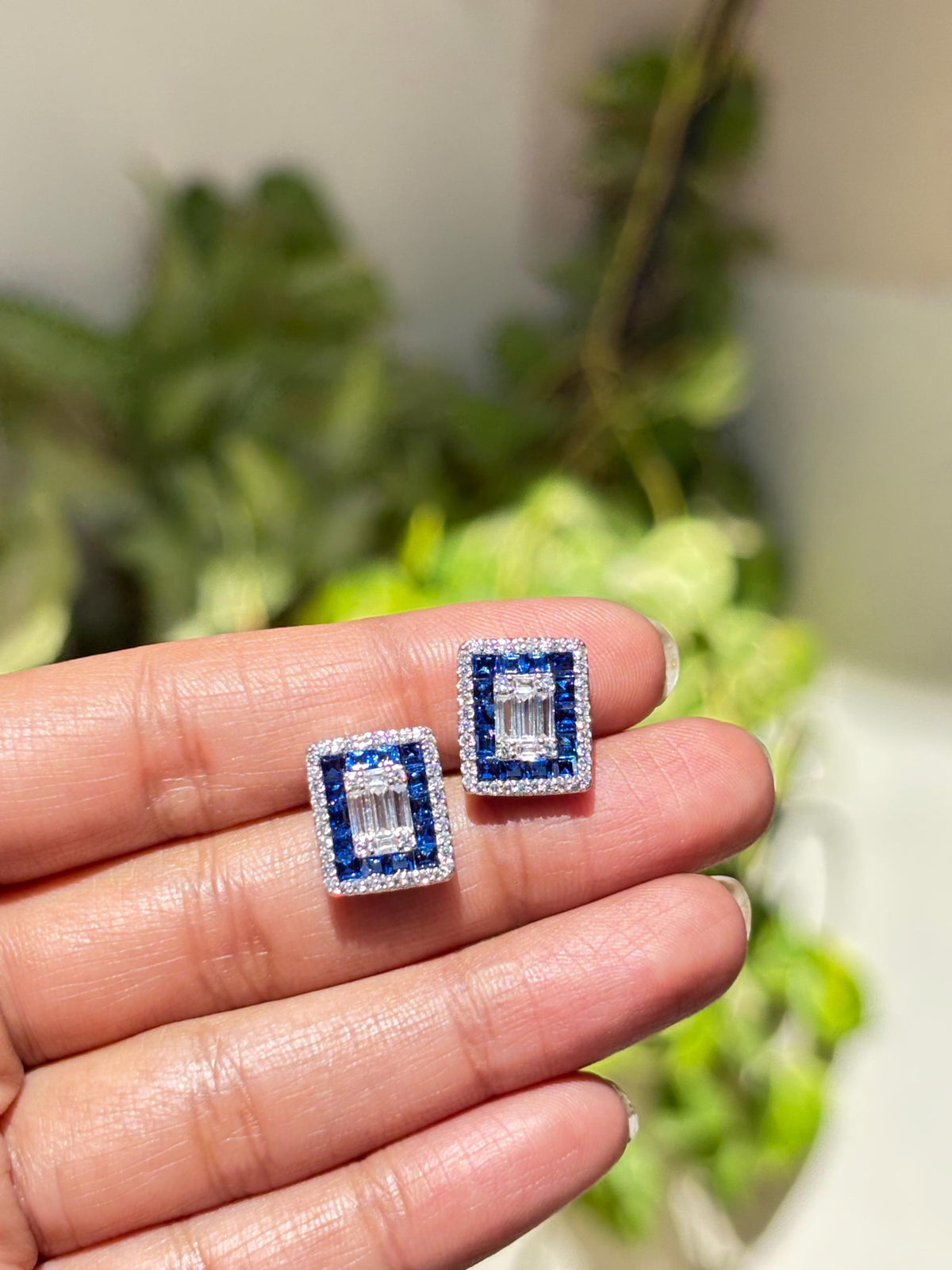Sapphire Diamond Earrings Small Statement Studs Invisible Setting Moissanite Royal Blue Stone Jewelry Gift