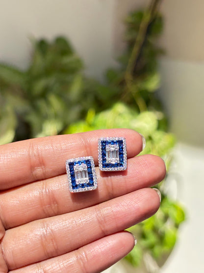 Sapphire Diamond Earrings Small Statement Studs Invisible Setting Moissanite Royal Blue Stone Jewelry Gift