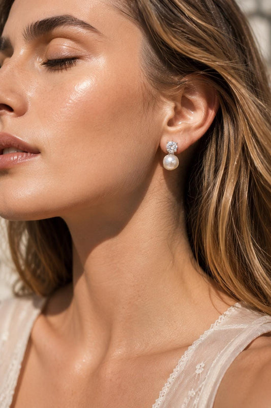 Pearl Diamond Earrings Small CZ Moissanite Cubic Zirconia White Pearl Bridesmaid Jewelry Wedding Gift
