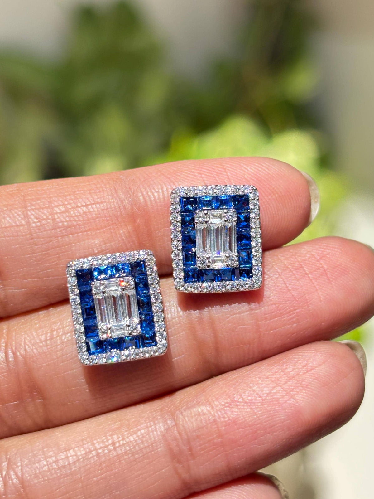 Sapphire Diamond Earrings Small Statement Studs Invisible Setting Moissanite Royal Blue Stone Jewelry Gift