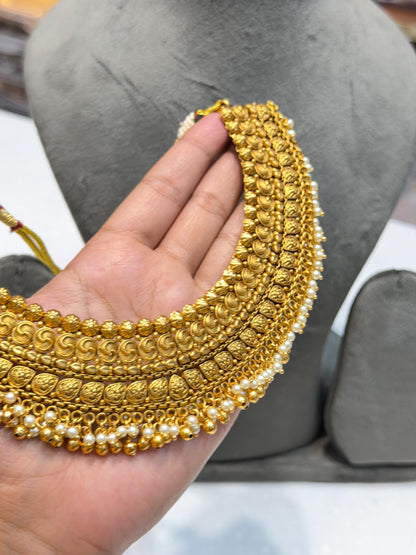 Antique Golden Indian Necklace Gold Plated Pearl Choker South Indian Bridal Jewelry Temple Set