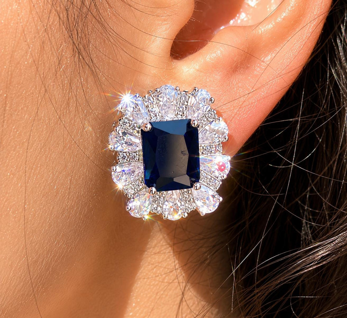 Sapphire Diamond Earrings Large Statement Studs Big Royal Blue Stone Jewelry Wedding Moissanite CZ