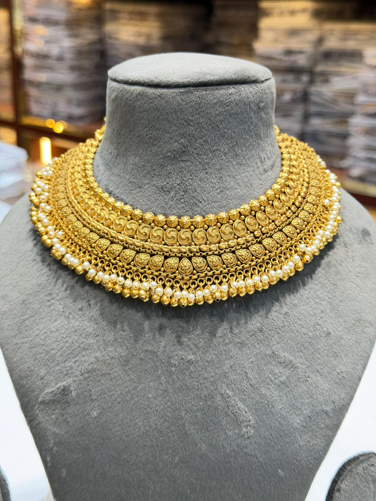 Antique Golden Indian Necklace Gold Plated Pearl Choker South Indian Bridal Jewelry Temple Set