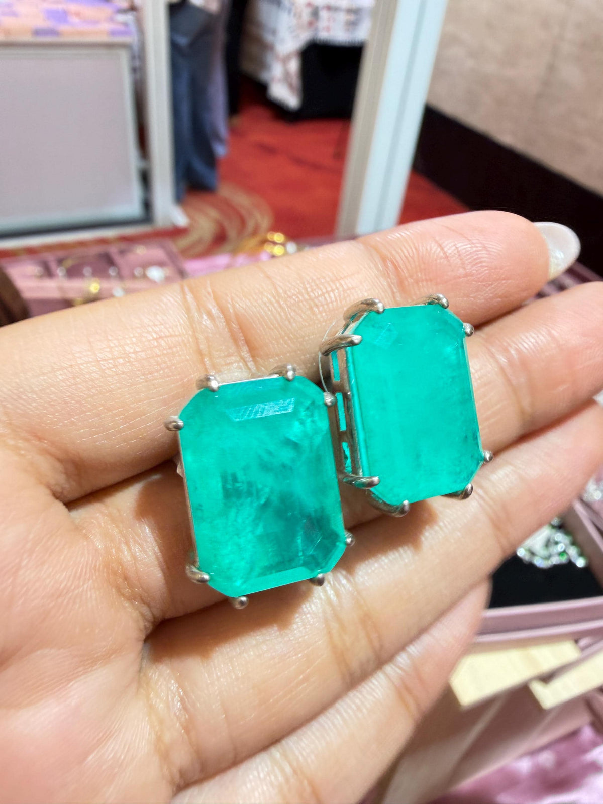 Large Emerald Doublet Earrings Statement Studs Moissanite Diamond Green Paraiba Tourmaline Cubic Zirconia Jewelry