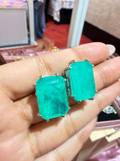 Large Emerald Doublet Earrings Statement Studs Moissanite Diamond Green Paraiba Tourmaline Cubic Zirconia Jewelry