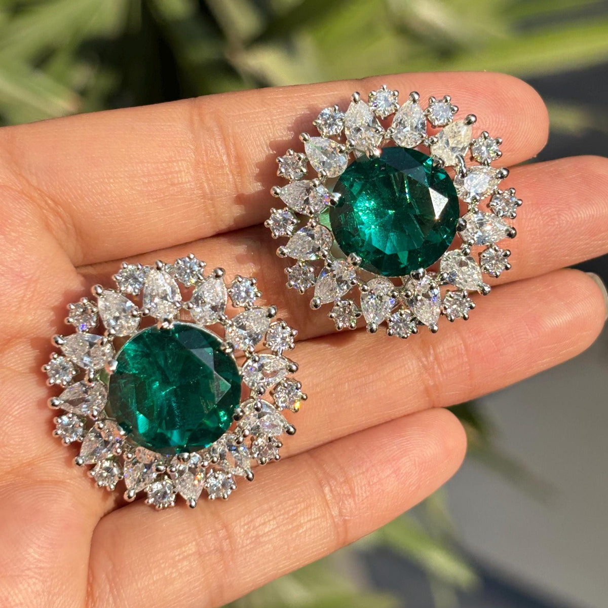 Teal Diamond Earrings Large Statement Studs Big Teal Green Stone Oversized Designer Jewelry Wedding