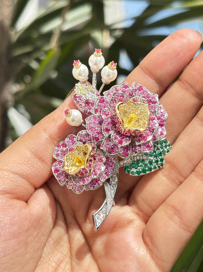 Large Flower Brooch Ruby Statement Pink Sapphire Cubic Zirconia Designer Brooch Moissanite Diamond Jewelry