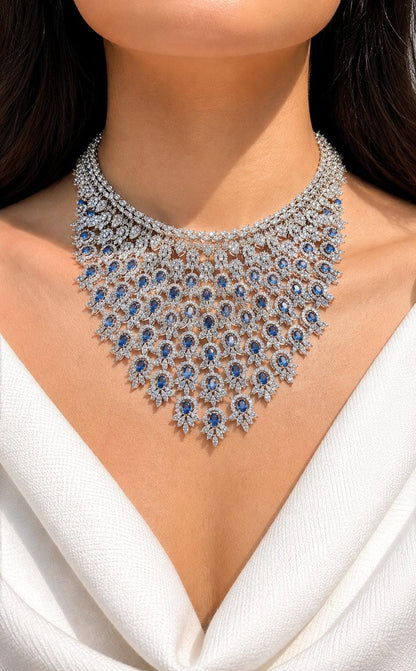Sapphire Diamond Necklace Statement Indian Cubic Zirconia Blue Stone Jewelry American Diamond Bride Wedding