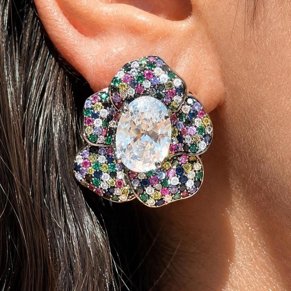 Multicolor Earrings Large Statement Studs Multi Stone CZ Moissanite Diamond Big Cocktail Designer Jewelry