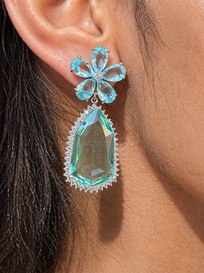 Aquamarine Diamond Earrings Statement Large Flower Shape Long Teal Sapphire Aqua Blue Designer Jewelry