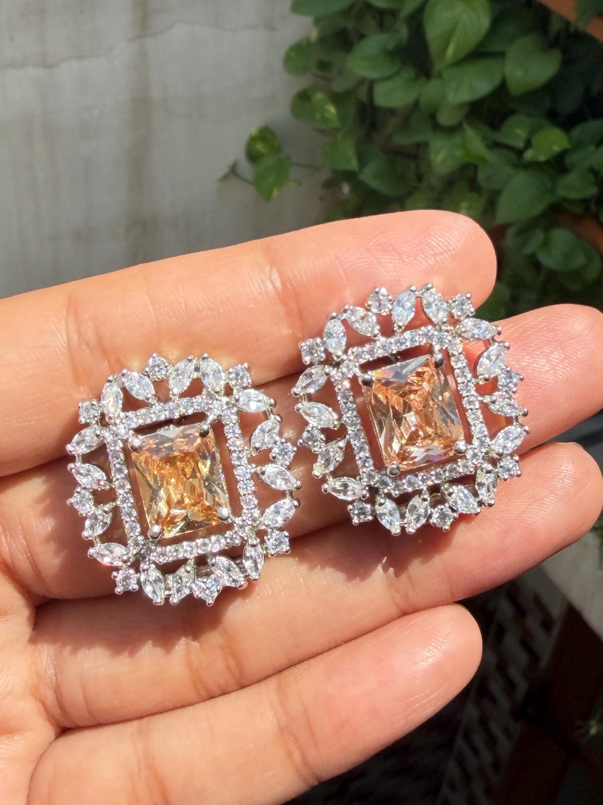 Champagne Diamond Earrings Large Statement Studs CZ Moissanite Champagne Stone Jewelry Cubic Zirconia Gift