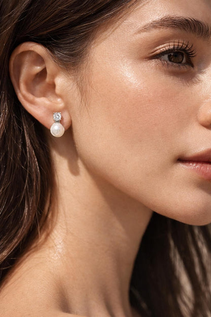 Pearl Diamond Earrings Small CZ Moissanite Cubic Zirconia White Pearl Bridesmaid Jewelry Wedding Gift