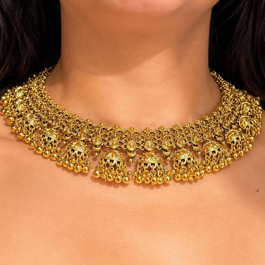 Indian Jewelry Gold Necklace Antique Gold Plated Bridal Choker South India Golden Temple Set
