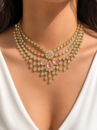 Polki Jewelry Pink Doublet Indian Layered Necklace Sabyasachi Inspired Moissanite Polki Diamond Kundan Choker