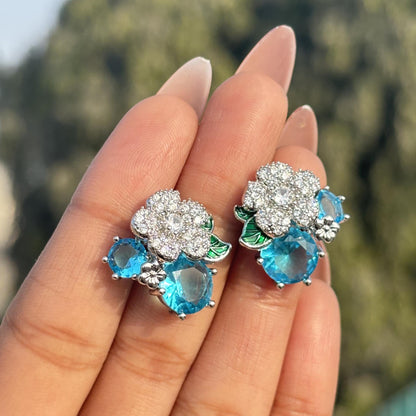 Aquamarine Earrings Small Studs Aqua Blue Stone Jewelry Flower Moissanite Diamond Prom Gift Her