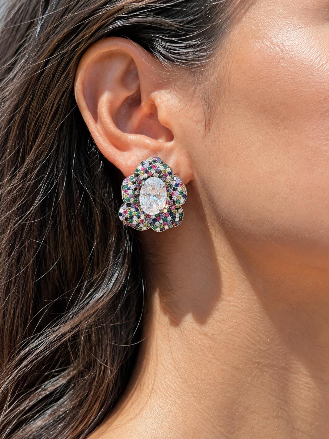 Multicolor Earrings Large Statement Studs Multi Stone CZ Moissanite Diamond Big Cocktail Designer Jewelry
