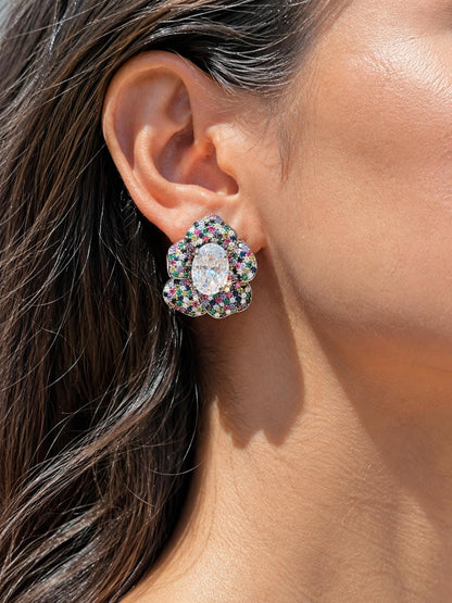Multicolor Earrings Large Statement Studs Multi Stone CZ Moissanite Diamond Big Cocktail Designer Jewelry