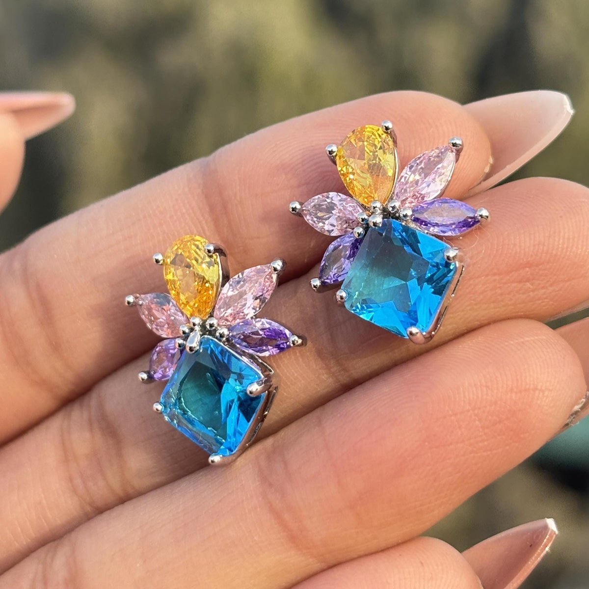 Aquamarine Earrings Multicolor Statement Studs Aqua Blue CZ Moissanite Diamond Colorful Stone Jewelry Gift