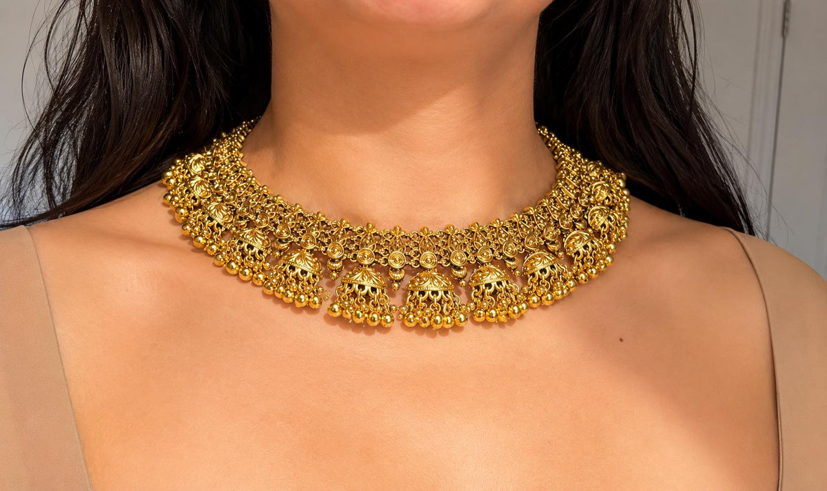Indian Jewelry Gold Necklace Antique Gold Plated Bridal Choker South India Golden Temple Set