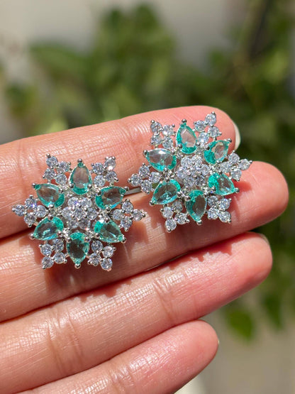 Mint Diamond Earrings Statement Studs Large Flower Shape Light Mint Sapphire Green Moissanite Jewelry