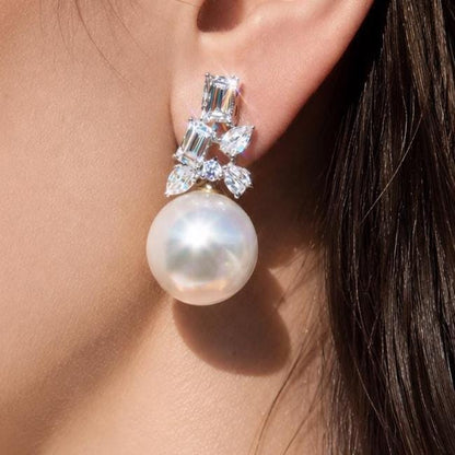 Moissanite Diamond Earrings Pearl Drop Statement Bride Wedding Cubic Zirconia Dangle Big Pearl Jewelry