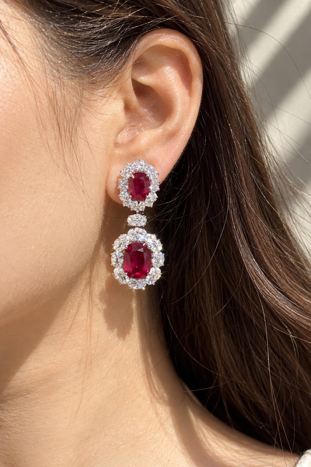 Ruby Diamond Earrings Chandelier Statement CZ Moissanite Red Sapphire Cocktail Party Jewelry Bride Wedding