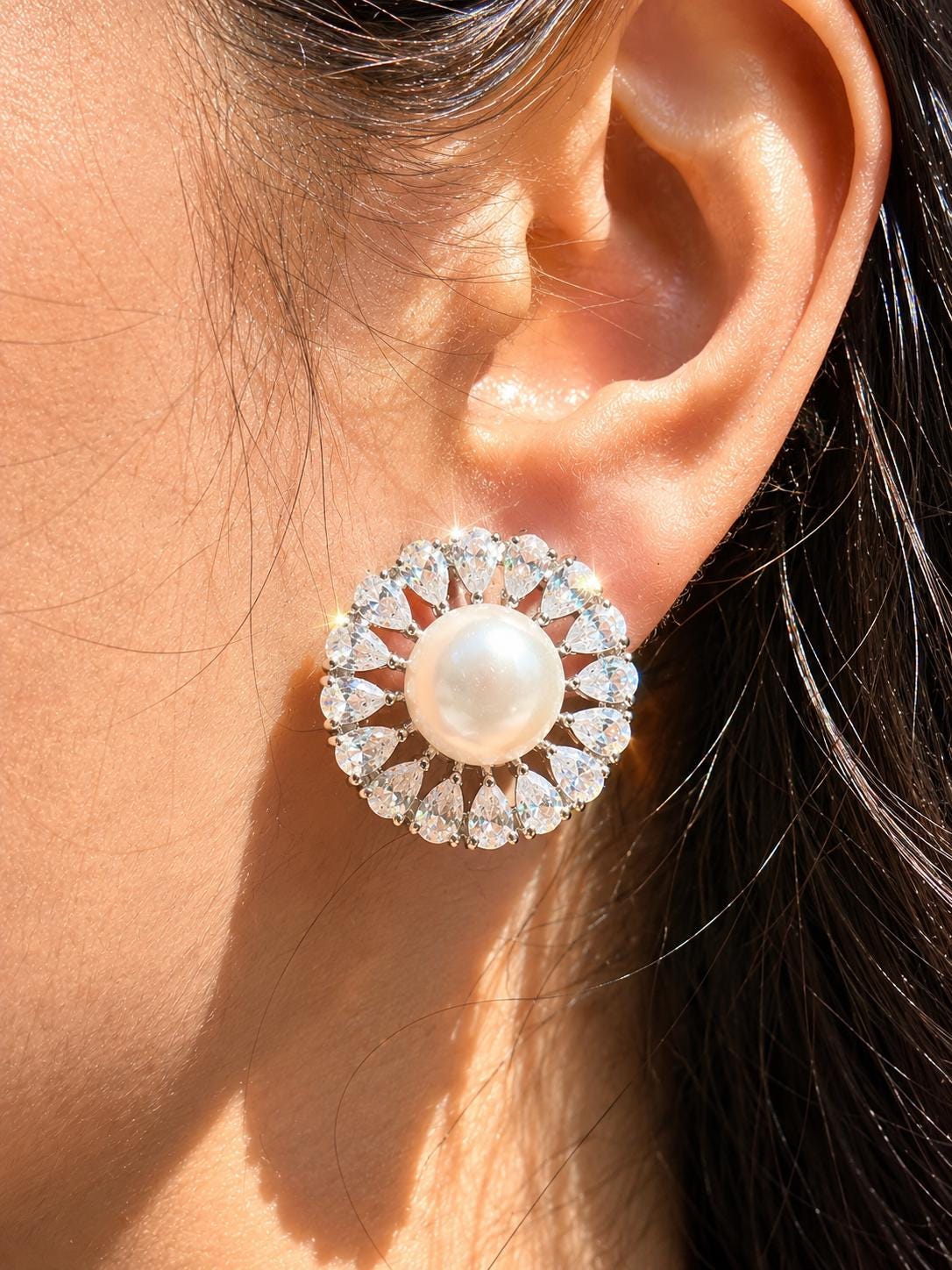Large Pearl Earrings Cubic Zirconia CZ Moissanite Statement Studs Big Huge Everyday Style Wedding