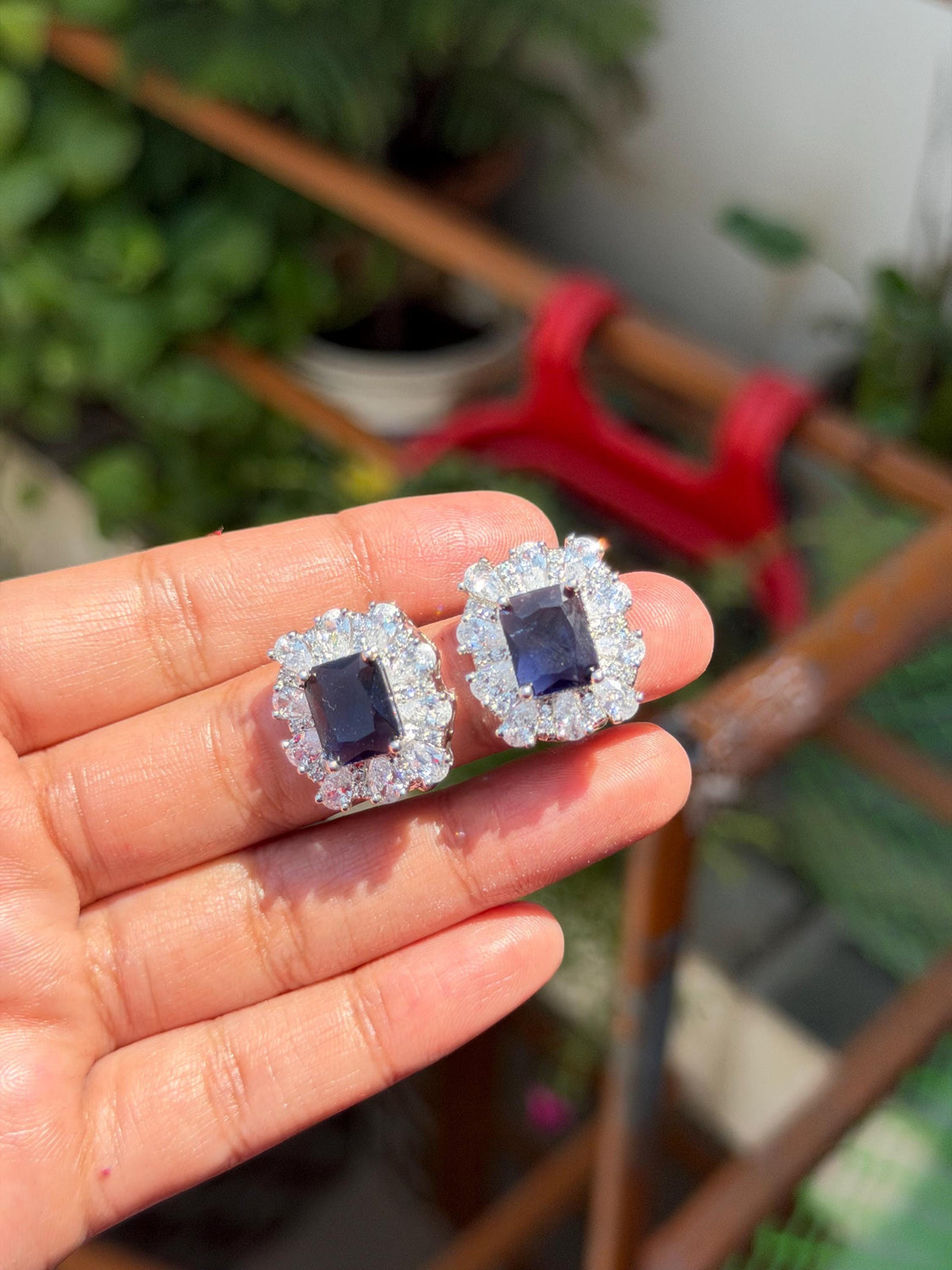Sapphire Diamond Earrings Large Statement Studs Big Royal Blue Stone Jewelry Wedding Moissanite CZ