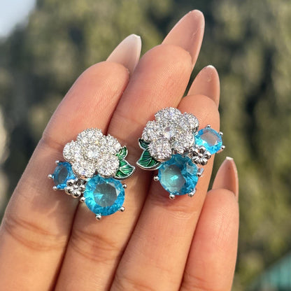 Aquamarine Earrings Small Studs Aqua Blue Stone Jewelry Flower Moissanite Diamond Prom Gift Her