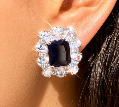 Sapphire Diamond Earrings Large Statement Studs Big Royal Blue Stone Jewelry Wedding Moissanite CZ