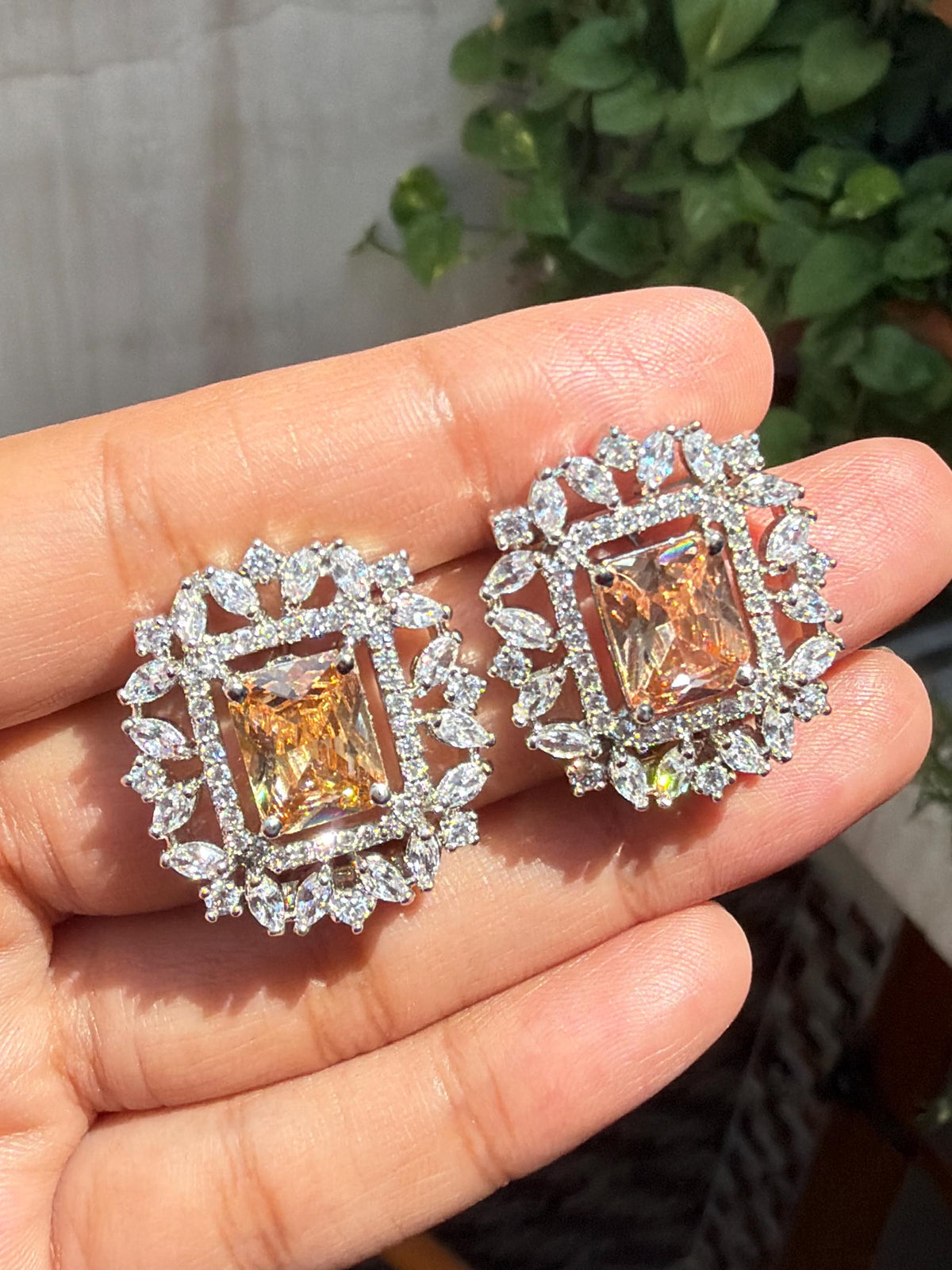 Champagne Diamond Earrings Large Statement Studs CZ Moissanite Champagne Stone Jewelry Cubic Zirconia Gift