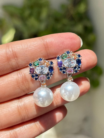 Multicolor Earrings Pearl Drop Statement Mix Stone Jewelry CZ Moissanite Cubic Zirconia Wedding Gift