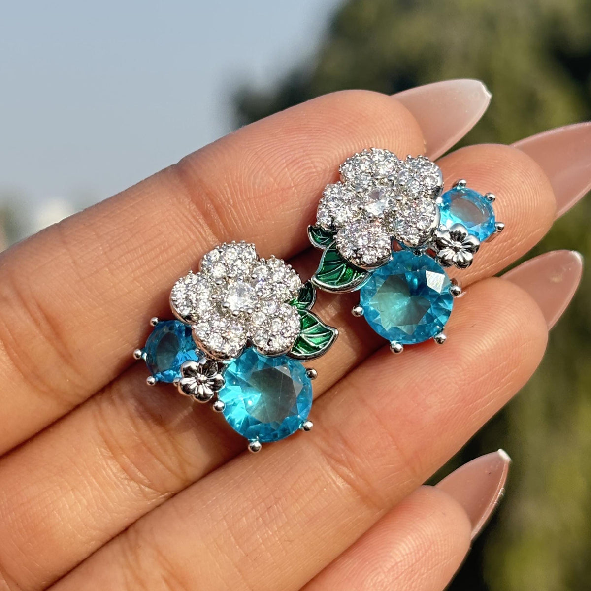 Aquamarine Earrings Small Studs Aqua Blue Stone Jewelry Flower Moissanite Diamond Prom Gift Her