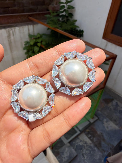 Huge Pearl Diamond Earrings Statement CZ Moissanote Large Studs Cubic Ziconia Bride Wedding Gift