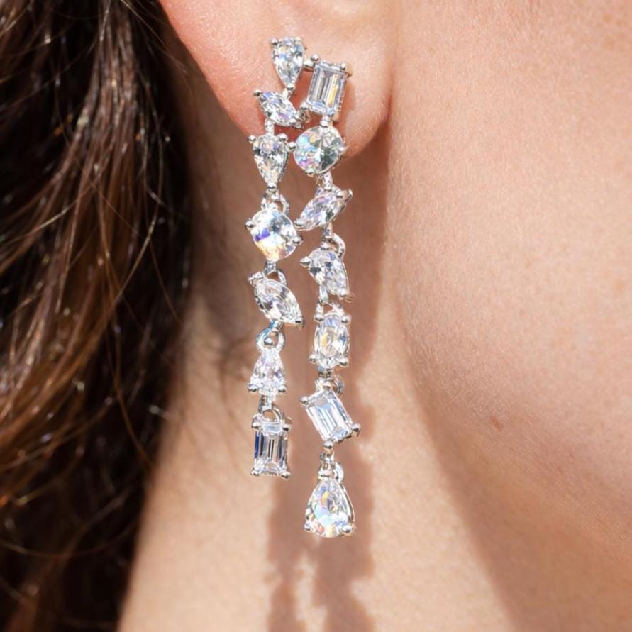 Moissanite Diamond Chandelier Earrings Long Multi Shape CZ Waterfall Dangle Statement Wedding Bridal Jewelry