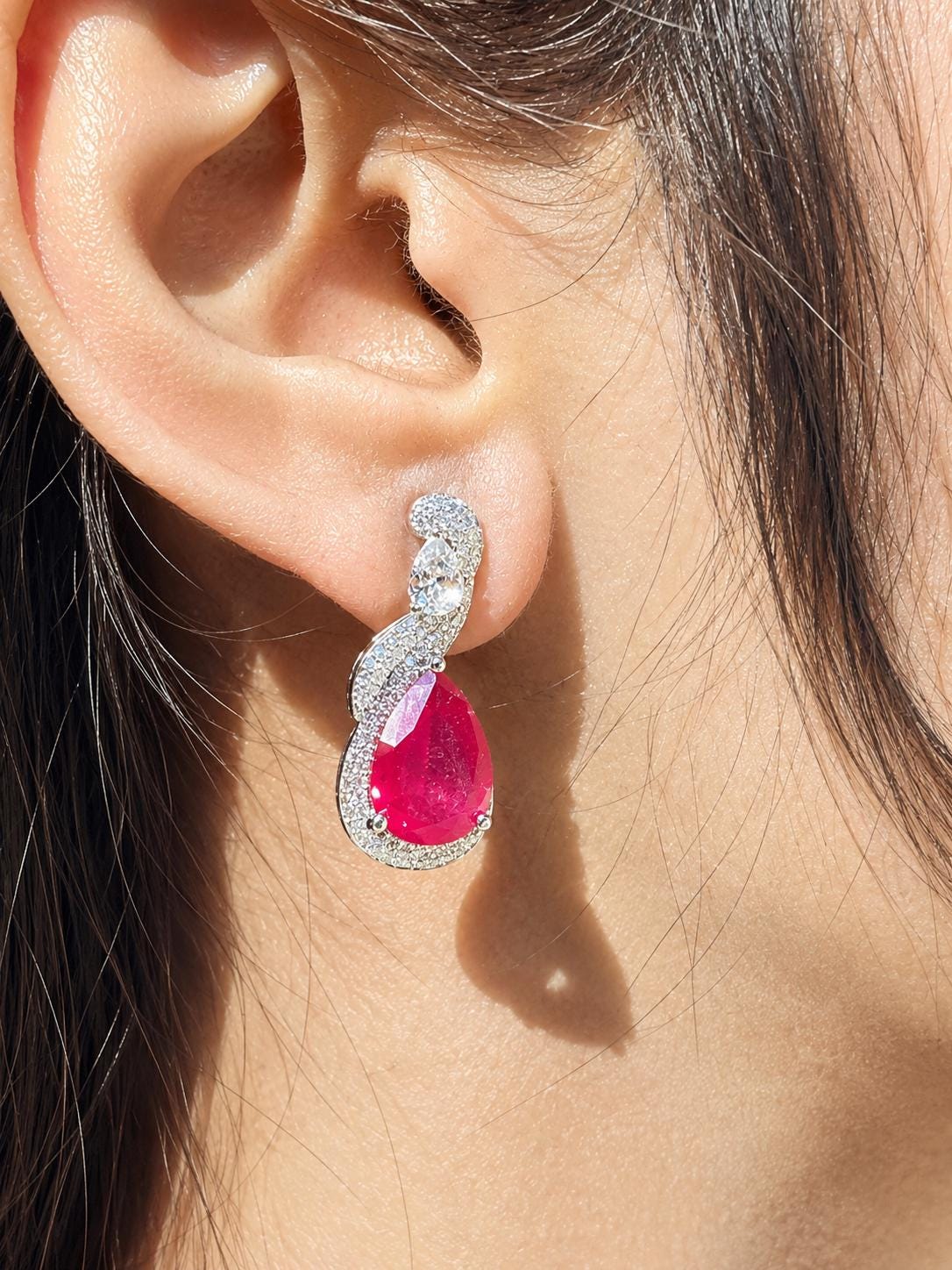 Ruby Diamond Earrings Moissanite Statement CZ Pink Sapphire Cubic Zirconia Dangle Deop Wedding Jewelry