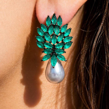 Emerald Diamond Earrings Pearl Drop Statement Green Stone Jewelry Cubic Zirconia Bride Wedding Gift