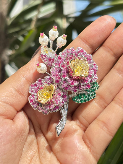 Large Flower Brooch Ruby Statement Pink Sapphire Cubic Zirconia Designer Brooch Moissanite Diamond Jewelry