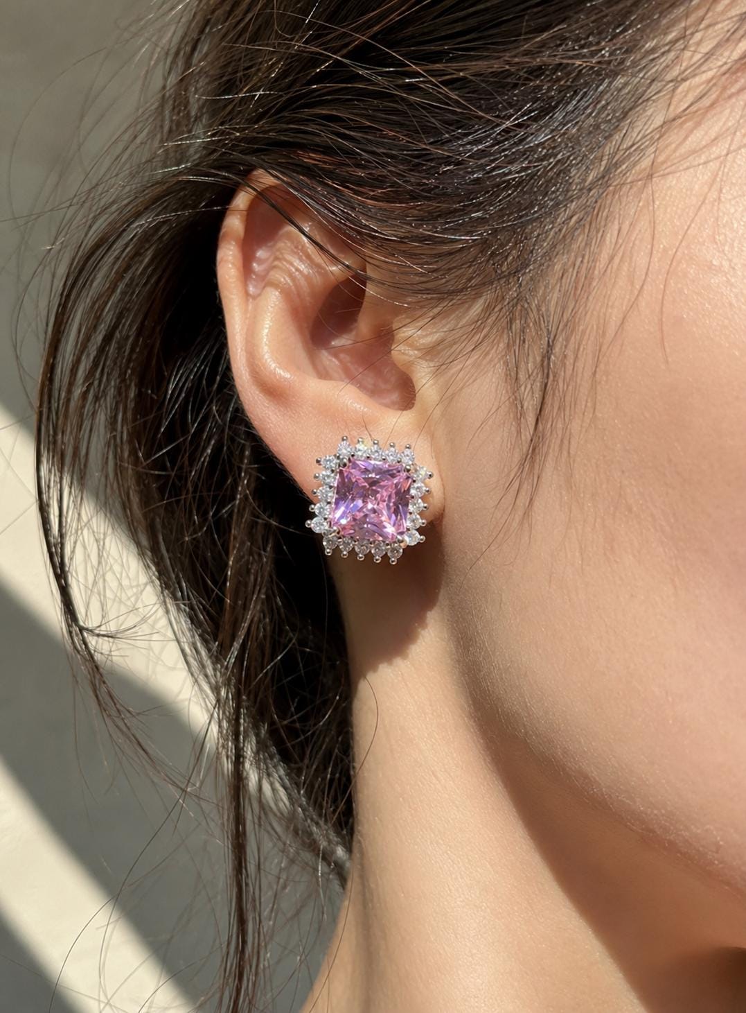 Pink Diamond Earrings Statement Small Studs Cubic Zirconia Moissanite CZ Pink Stone Jewelry Everyday