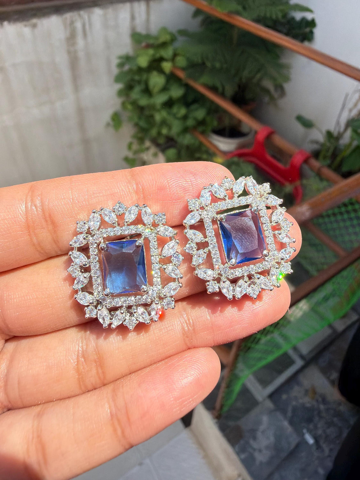 Sapphire Diamond Earrings Large Statement Studs Blue Stone CZ Cubic Zirconia Cocktail Jewelry Gift