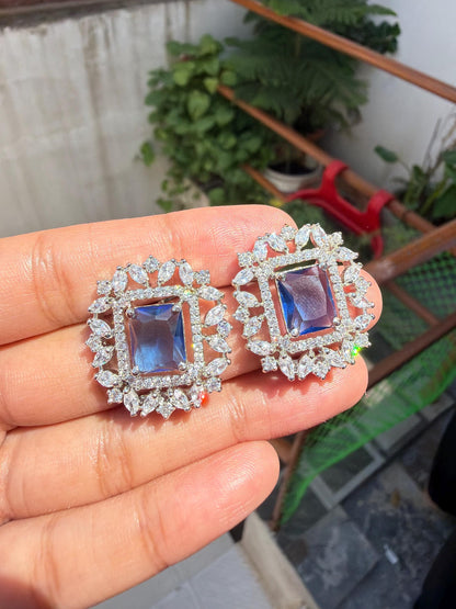 Sapphire Diamond Earrings Large Statement Studs Blue Stone CZ Cubic Zirconia Cocktail Jewelry Gift