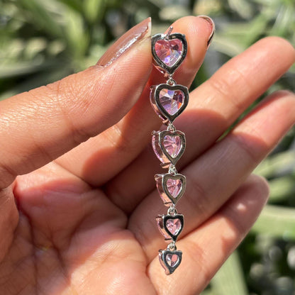 Pink Diamond Earrings Heart Shape Long Dangle Statement Moissanite Pink Sapphire Stone Cocktail Jewelry