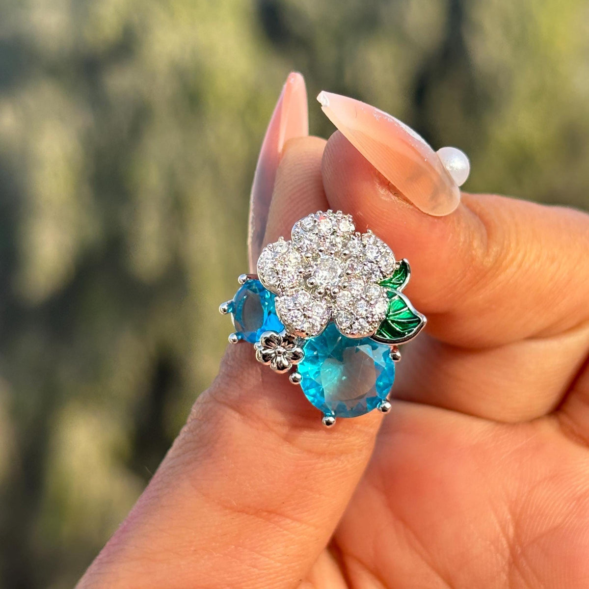 Aquamarine Earrings Small Studs Aqua Blue Stone Jewelry Flower Moissanite Diamond Prom Gift Her