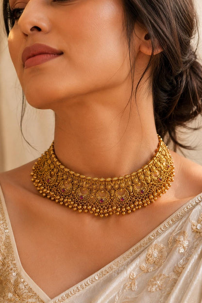 Indian Necklace Antique Gold Plated Bridal Choker South Indian Jewelry Temple Wedding Golden Set