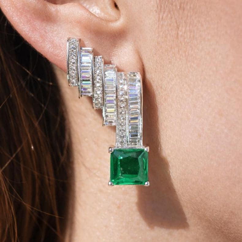 Emerald Diamond Earrings Statement Moissanite CZ Green Stone Jewelry Cuff Style Bride Wedding Gift