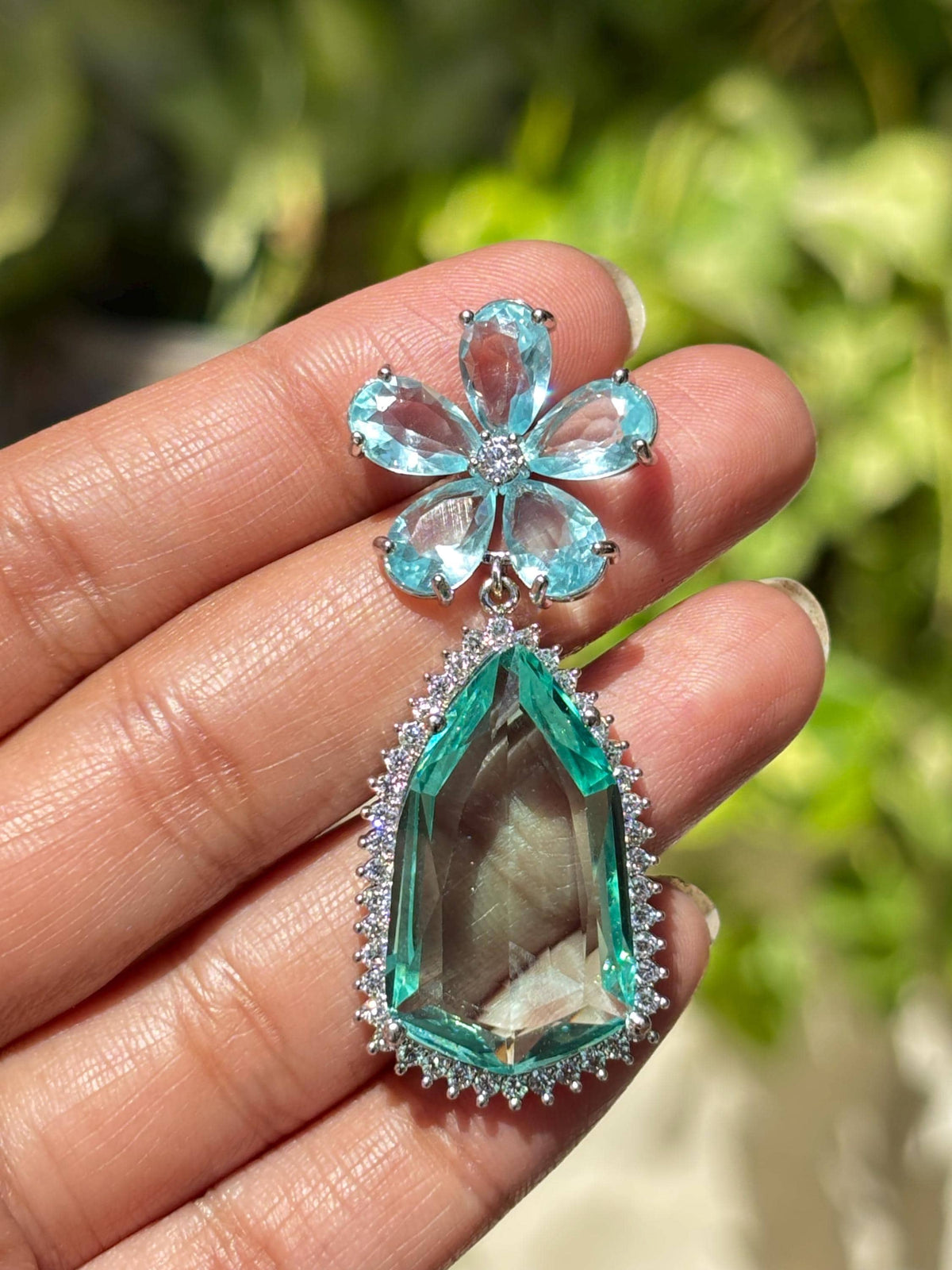 Aquamarine Diamond Earrings Statement Large Flower Shape Long Teal Sapphire Aqua Blue Designer Jewelry